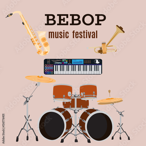Billede på lærred Vector set of bebop jazz music instruments, flat design.