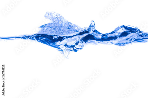 .Water splash blue show the motion with bubbles of air, on white background