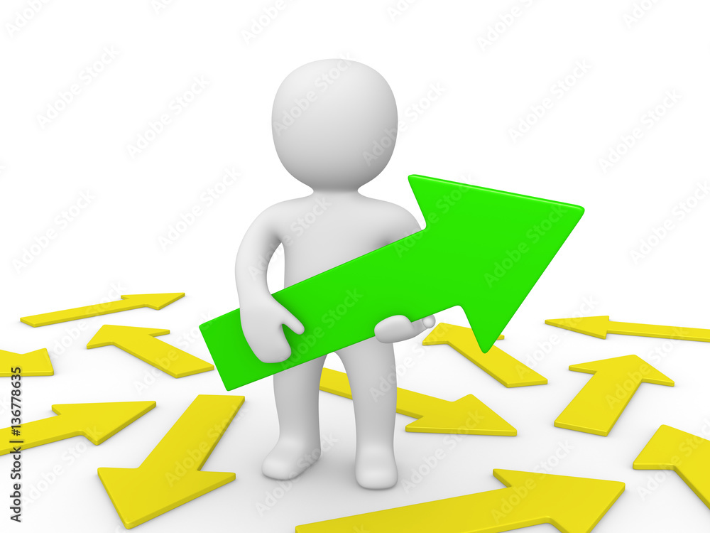 3d man standing among many yellow arrows and holding big green arrow. 3d render. 3d man standing among many yellow arrows and holding big green arrow. 3d render.