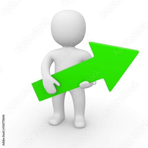 3d man holding green arrow. 3d render.