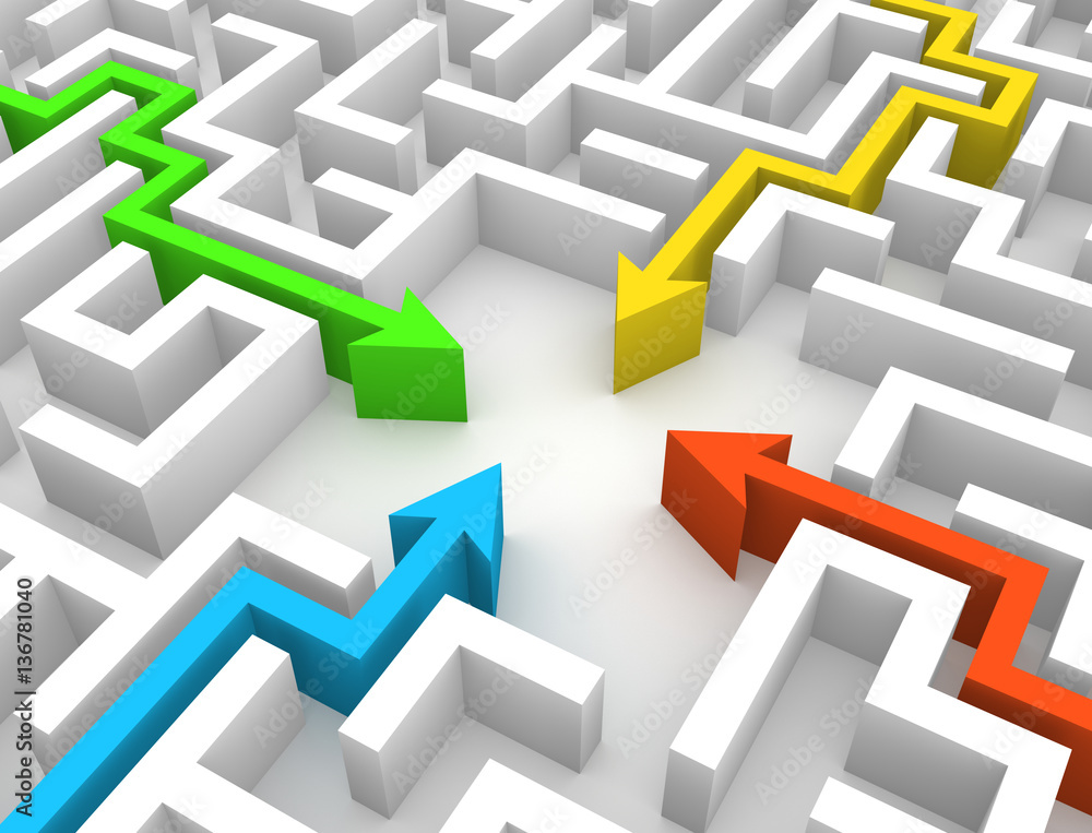 Four arrows meeting in the labyrinth. 3d render. Four arrows meeting in the labyrinth. 3d render.