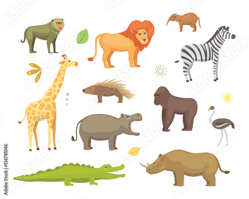 African animals cartoon vector set. elephant  rhino  giraffe  cheetah  zebra  hyena  lion  hippo  crocodile  gorila and outhers. safari isolated illustratio.