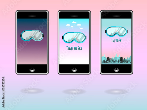 Wallpaper for mobile. Theme for Mobile phone screen saver with inscription Time to ski.