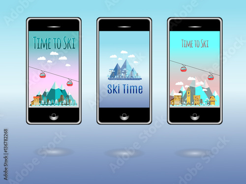 Wallpaper for mobile. Theme for Mobile phone screen saver with inscription Time to ski.