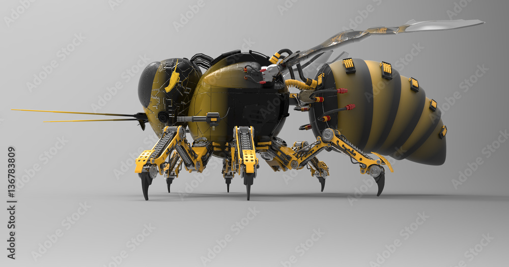 3D Illustration Of A Black And Yellow Mechanical Robot Bee 3D Illustration Of A Black And Yellow Mechanical Robot Bee