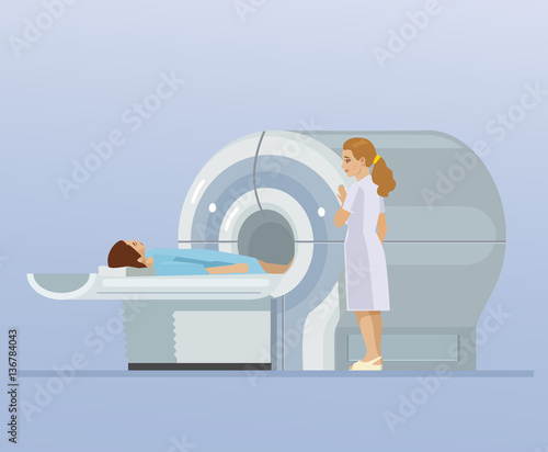 CT scan and patient. Vector flat cartoon illustration