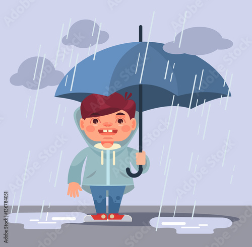 Little boy character under rain. Vector flat cartoon illustration