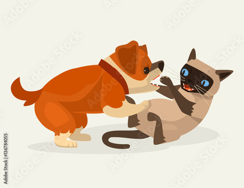 Cat and dog character fight. Vector flat cartoon illustration
