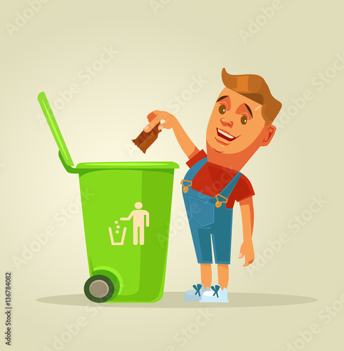  Boy character throws garbage in trash. Vector flat cartoon illustration