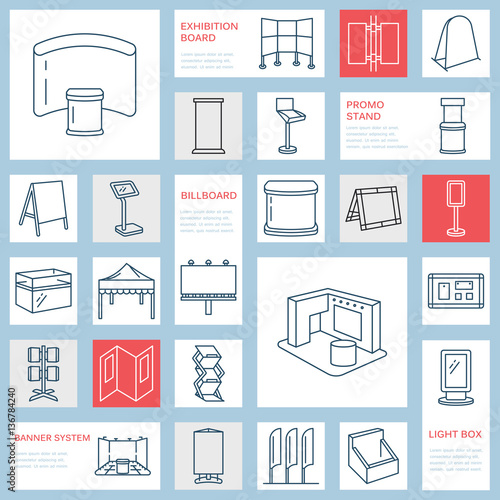 Advertising exhibition banner stands, display line icons. Brochure holders, pop up boards, bow flag, billboard folding marquees and other promotion design elements. Trade objects thin linear signs.