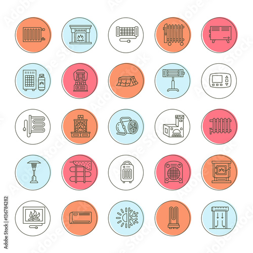 Oil heater, fireplace, convector, panel column radiator and other house heating appliances line icons. Home warming thin linear pictogram such as kotatsu, Russian oven. Equipment store signs.