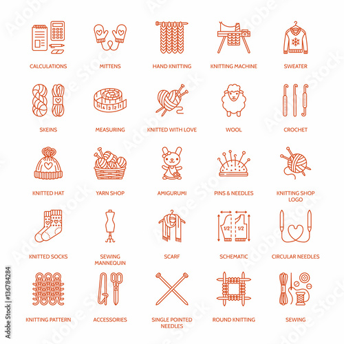 Knitting, crochet, hand made line icons set. Knitting needle, hook, scarf, socks, pattern, wool skeins and other DIY equipment. Linear signs set, logos with editable stroke for yarn or tailor store.