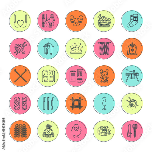 Knitting, crochet, hand made line icons set. Knitting needle, hook, scarf, socks, pattern, wool skeins and other DIY equipment. Linear signs set, logos with editable stroke for yarn or tailor store.