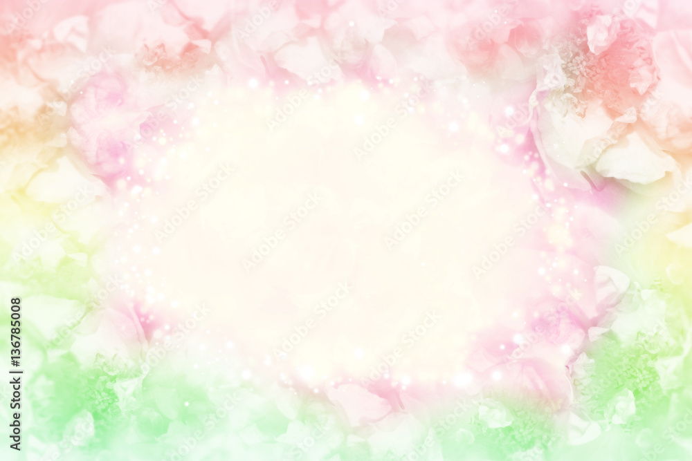 pastel rose flower frame on soft bokeh vintage background for valentine or wedding 