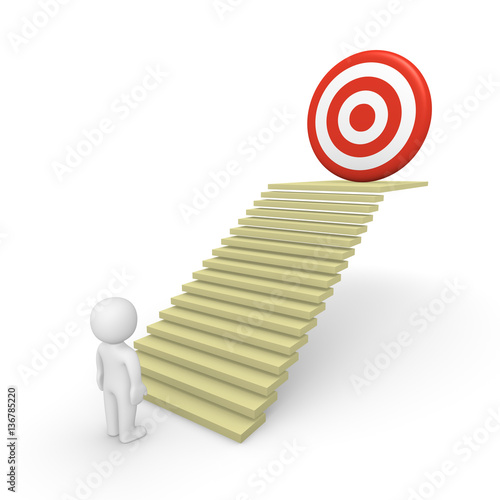 3d man standing beside the stairs to the target. 3d render.
