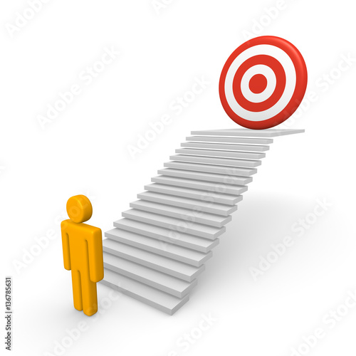 3d man standing beside the stairs to the target. 3d render.