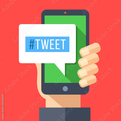 Tweet message on smartphone screen. Hand holding smartphone. Reading or writing tweet on mobile device. Modern flat design graphic elements for web banner, web sites, infographics. Vector illustration