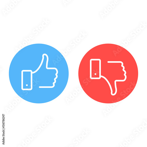 Like and dislike icons set. Thumbs up and thumbs down. Modern graphic elements for web banners, web sites, printed materials, infographics. Vector round thin line icons isolated on white background