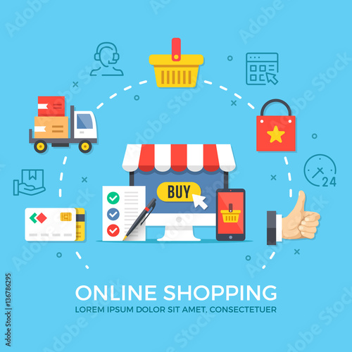 Online shopping. Flat design graphic elements, signs, symbols, line icons set. Premium quality. Modern concept for web banners, websites, infographics, printed materials. Creative vector illustration