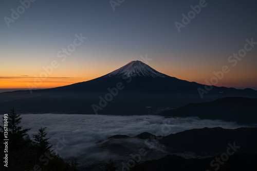 Morning glory Mt.Fuji and sea of clous at Shinmichi-mountain pass,Yamanashi,tourism of Japan