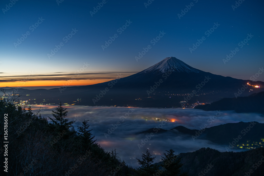 Morning glory Mt.Fuji and sea of clous at Shinmichi-mountain pass,Yamanashi,tourism of Japan