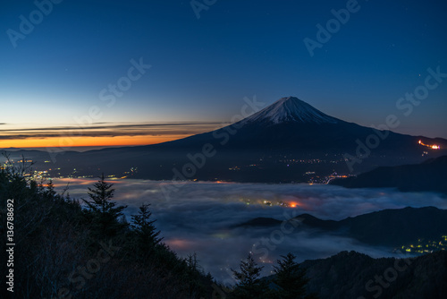 Morning glory Mt.Fuji and sea of clous at Shinmichi-mountain pass Yamanashi tourism of Japan