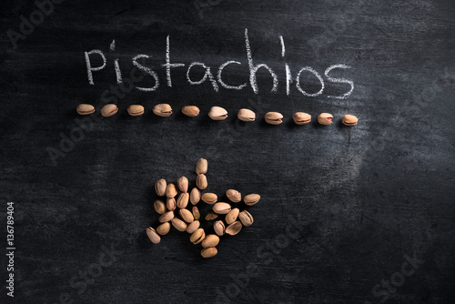 Pistachios over dark chalkboard background