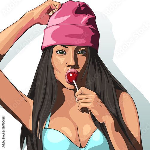 Young hipster girl sucking lollipop. Vector illustration
