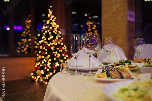 Christmas buffet, table and wine glasses,catering