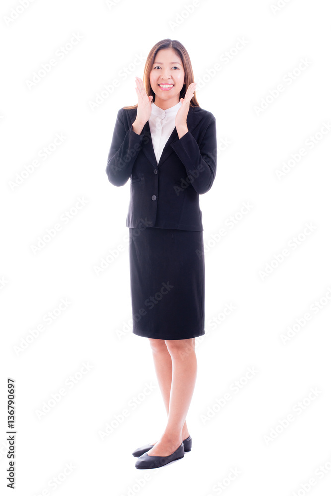 Asian business woman smiling happy portrait on white background. Asian business woman smiling happy portrait on white background.