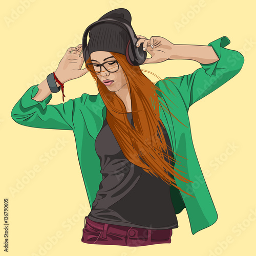 Hipster girl in black beanie with headphones. Vector illustration