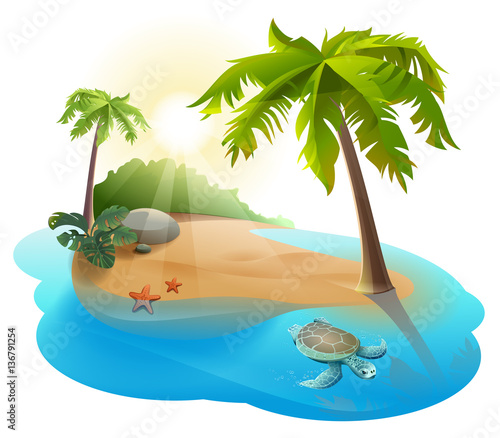Tropical island with palm tree and turtle