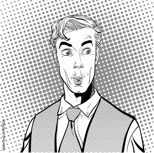 Portrait of surprised man. Surprised businessman. Surprised man. Concept idea of advertisement and promo. Pop art retro style illustration. People in retro style. Halftone background. question what.