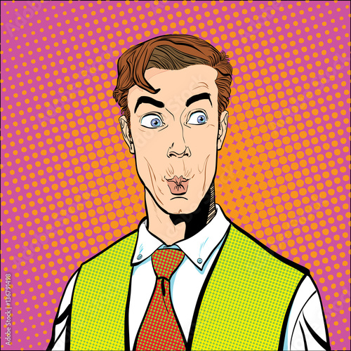 Portrait of surprised man. Surprised businessman. Surprised man. Concept idea of advertisement and promo. Pop art retro style illustration. People in retro style. Halftone background. question what.
