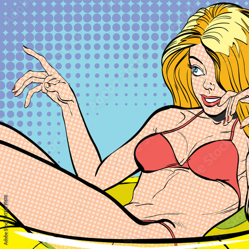 Sexy young lying blonde in a swimming suit. Beautiful young woman. Woman having pleasure. Woman in a dream. Woman in hope. Having pleasure. Concept idea of advertisement. Halftone background.