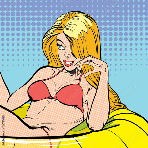 Sexy young lying blonde in a swimming suit. Beautiful young woman. Woman having pleasure. Woman in a dream. Woman in hope. Having pleasure. Concept idea of advertisement. Halftone background.