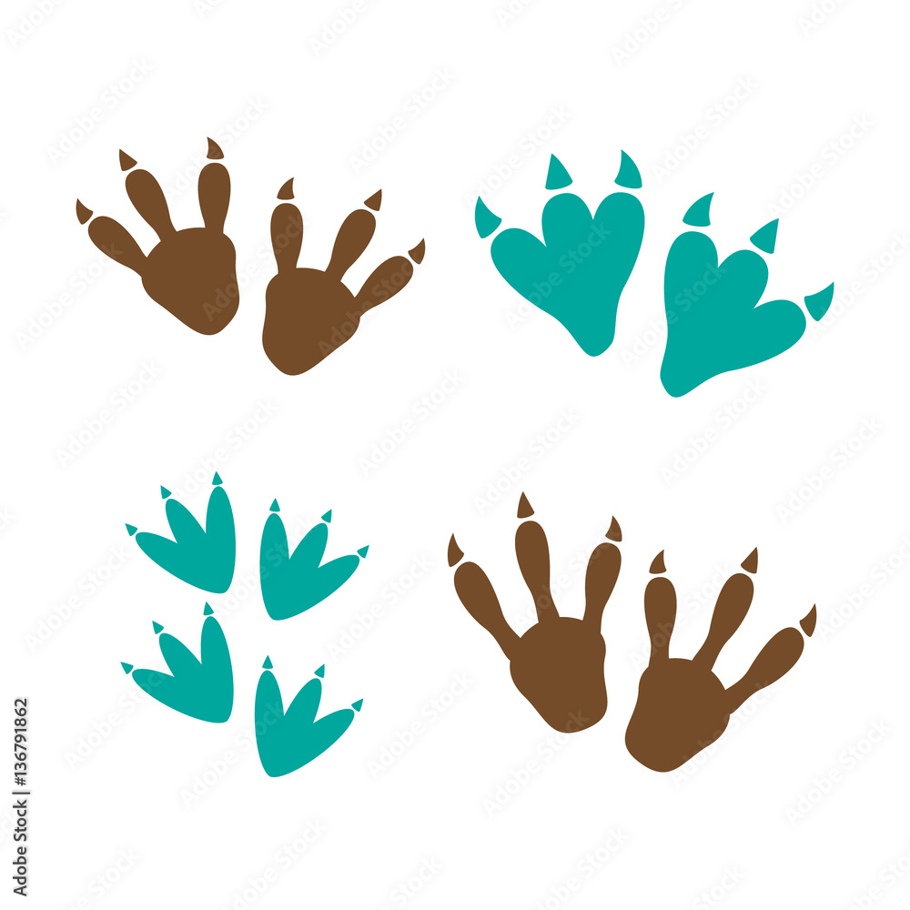 Fototapeta premium Dinosaur footprint tracks vector set illustration. Dinosaur foot