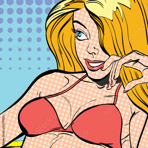 Sexy young lying blonde in a swimming suit. Beautiful young woman. Woman having pleasure. Woman in a dream. Woman in hope. Having pleasure. Concept idea of advertisement. Halftone background.