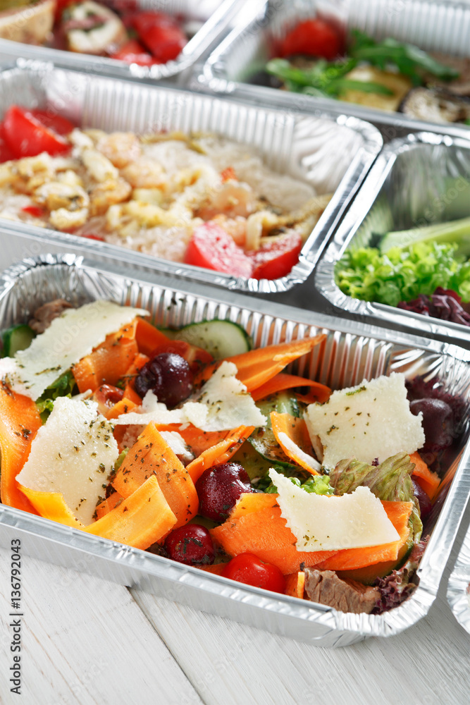 Healthy food take away, top view at wood background Healthy food take away, top view at wood background