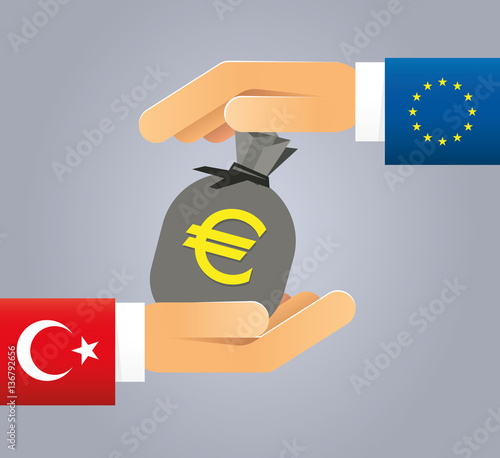 Illustration Deal EU Türkei mit Händen mit Geldsack voll Euros