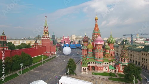 Russia Moscow aerial cityscape  Red Square St. Basil's Cathedral and Kremlin.