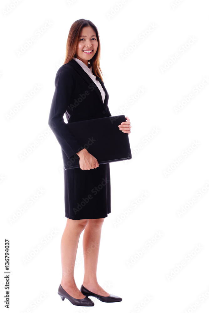 Smiling attractive asian business woman holding notebook on white background. Smiling attractive asian business woman holding notebook on white background.