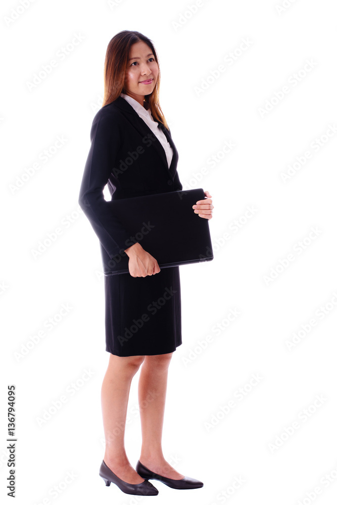 Smiling attractive asian business woman holding notebook on white background. Smiling attractive asian business woman holding notebook on white background.