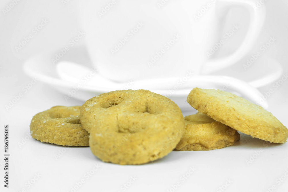 Coffee cup and candy on white background. Coffee cup and candy on white background.