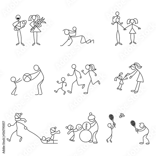 Cartoon icons set of sketch little people in cute miniature scenes.