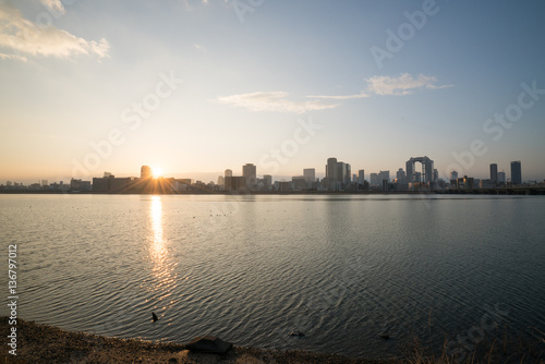 Yodo river and Umeda morning view,Osaka,Japan