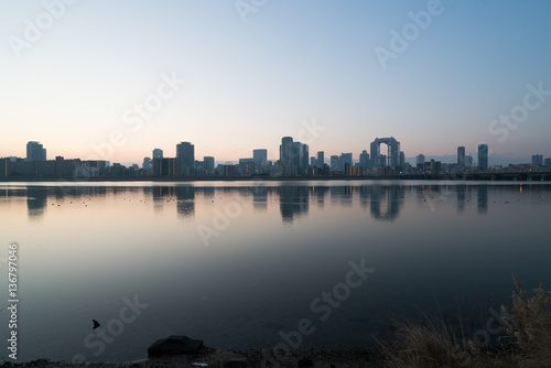 Yodo river and Umeda morning view,Osaka,Japan