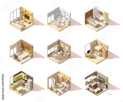 Vector isometric low poly home rooms set