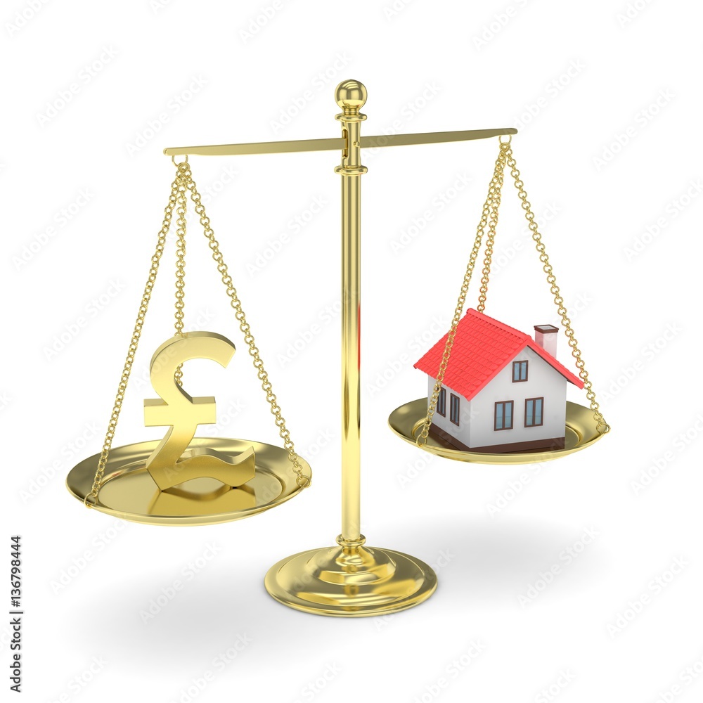 Isolated golden scales with golden pound and house on white background. Investment or savings concept. Real estate and currency. 3D rendering. Isolated golden scales with golden pound and house on white background. Investment or savings concept. Real estate and currency. 3D rendering.