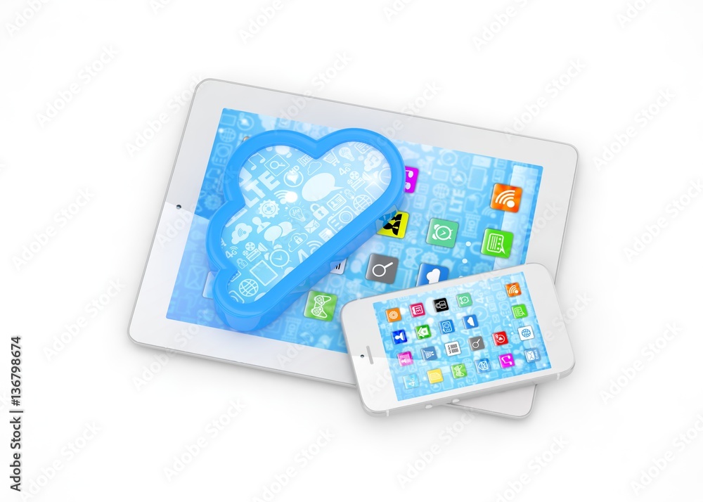 tablet pc, smart phone and cloud. 3d rendering. tablet pc, smart phone and cloud. 3d rendering.